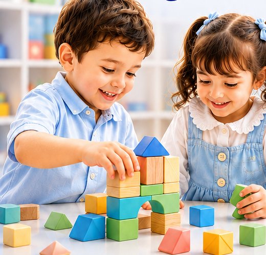 طفلان يبنيان معًا بمكعبات تعليمية