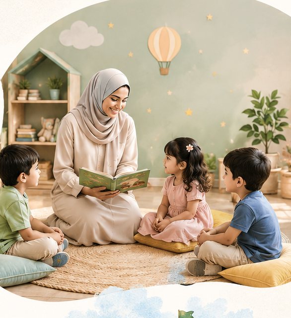 معلمة تقرأ قصة لثلاثة أطفال في ركن مريح بالفصل